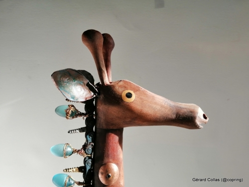  verre bois, metal, sculpture, assemblage, girafe