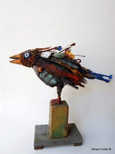 gerard collas,sculpture ,assemblage, corbeau,oiseau,art brut