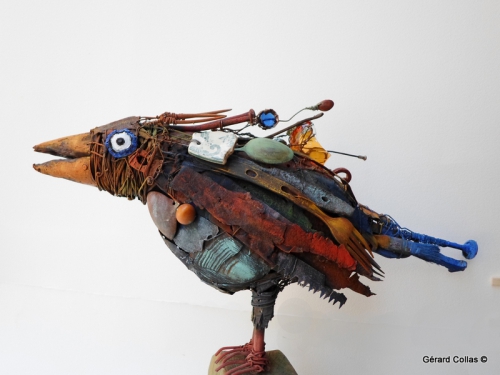 gerard collas,sculpture ,assemblage, corbeau,oiseau,art brut
